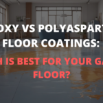 Side-by-side comparison of epoxy and polyaspartic floor coatings on a garage floor.