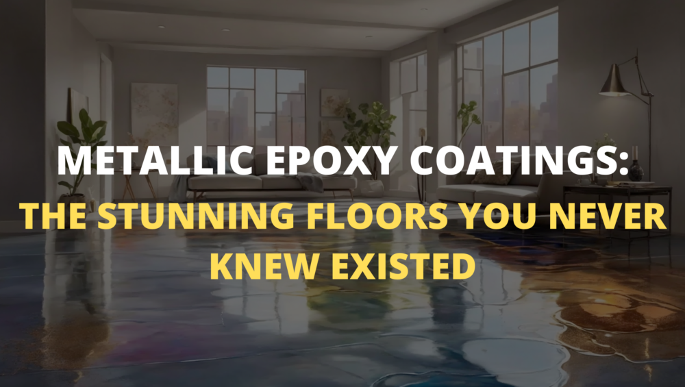 Lustrous metallic epoxy floor coating with swirling patterns reflecting light in a modern interior.